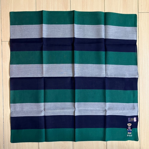 New Polo Ralph Lauren Bear Handkerchief Scarf Pocket Square Green Grey Stripes - Picture 2 of 2
